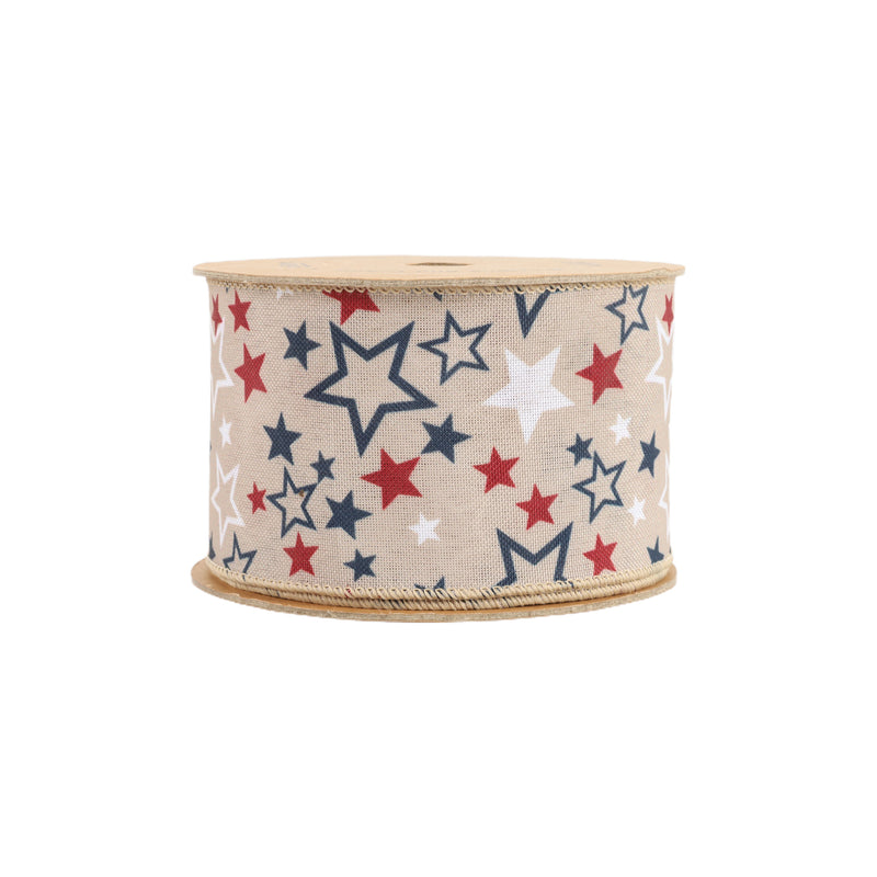 2 1/2 Wired Ribbon | Natural w/ Allover Red/White/Blue Stars | 10 Yard Roll