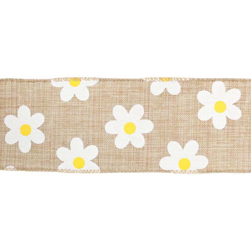 2 1/2" Wired Ribbon | Natural Linen w/ White Daisy | 10 Yard Roll