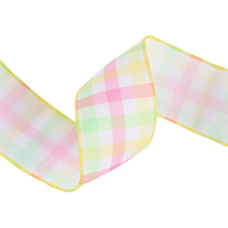 2 1/2" Wired Ribbon | White w/ Pastel Plaid Green/Yellow/Pink | 10 Yard Roll