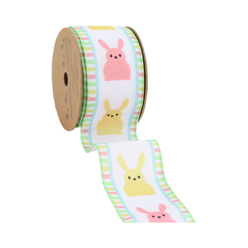 2 1/2" Wired Ribbon | White w/ Pink/Yellow Bunny Fronts | 10 Yard Roll