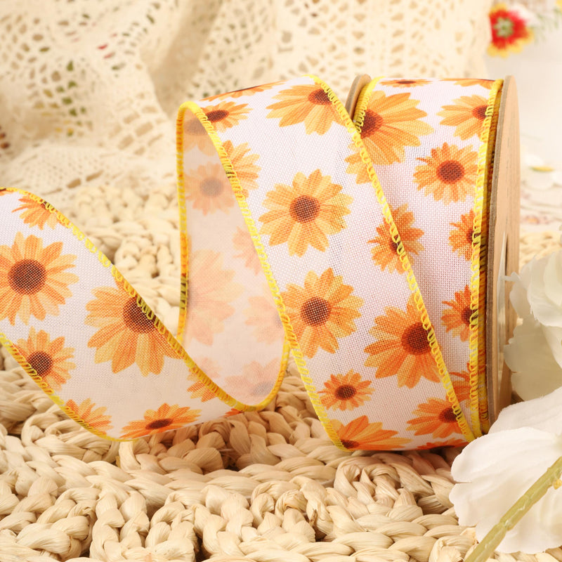 1 1/2" Wired Ribbon | White w/ Yellow Sunflowers | 10 Yard Roll