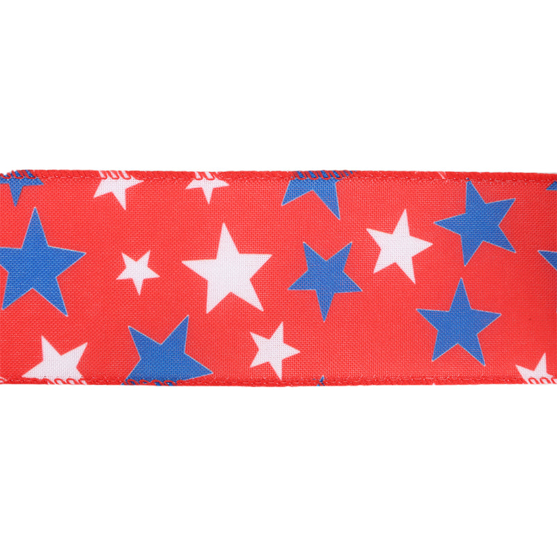 2 1/2 Wired Ribbon | Red w/ White/Blue Stars | 10 Yard Roll