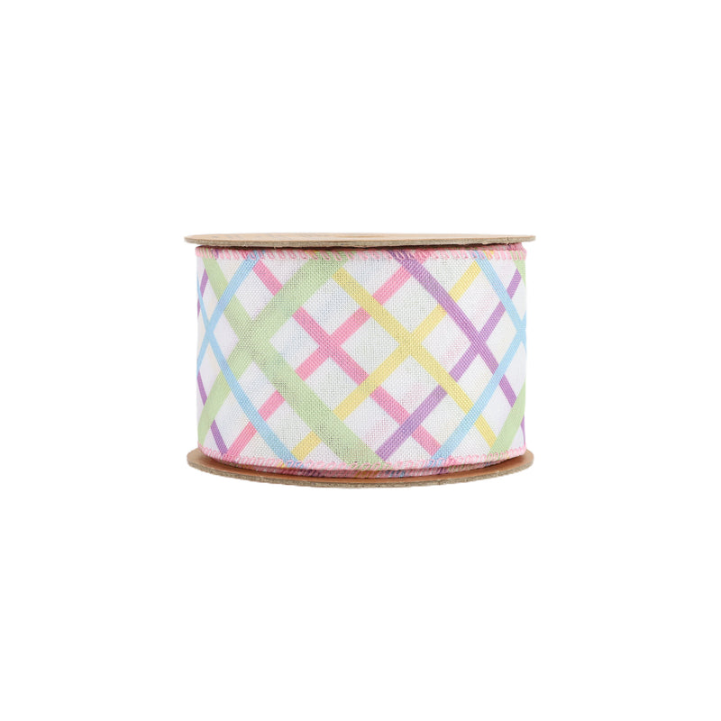 2 1/2 Wired Ribbon | White w/ Pastel Bias Plaid | 10 Yard Roll