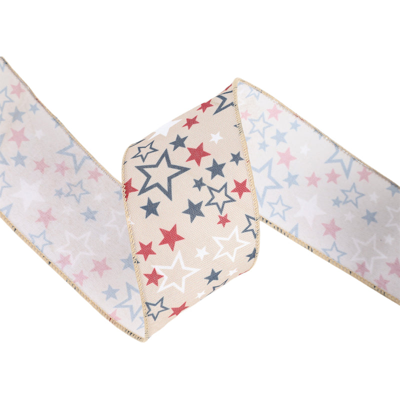 2 1/2 Wired Ribbon | Natural w/ Allover Red/White/Blue Stars | 10 Yard Roll