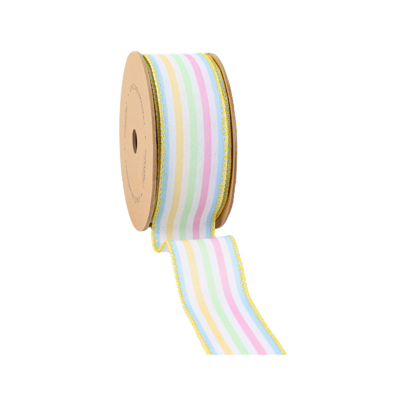 1 1/2 Wired Ribbon | White w/ Pastel Stripe | 10 Yard Roll