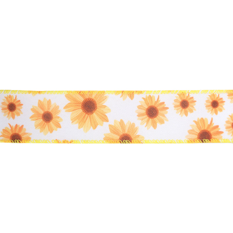 1 1/2" Wired Ribbon | White w/ Yellow Sunflowers | 10 Yard Roll