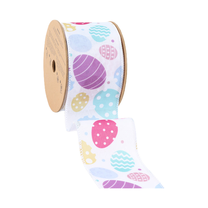 2 1/2 Wired Ribbon | White w/ Pastel Eggs | 10 Yard Roll