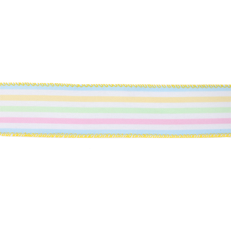 1 1/2 Wired Ribbon | White w/ Pastel Stripe | 10 Yard Roll