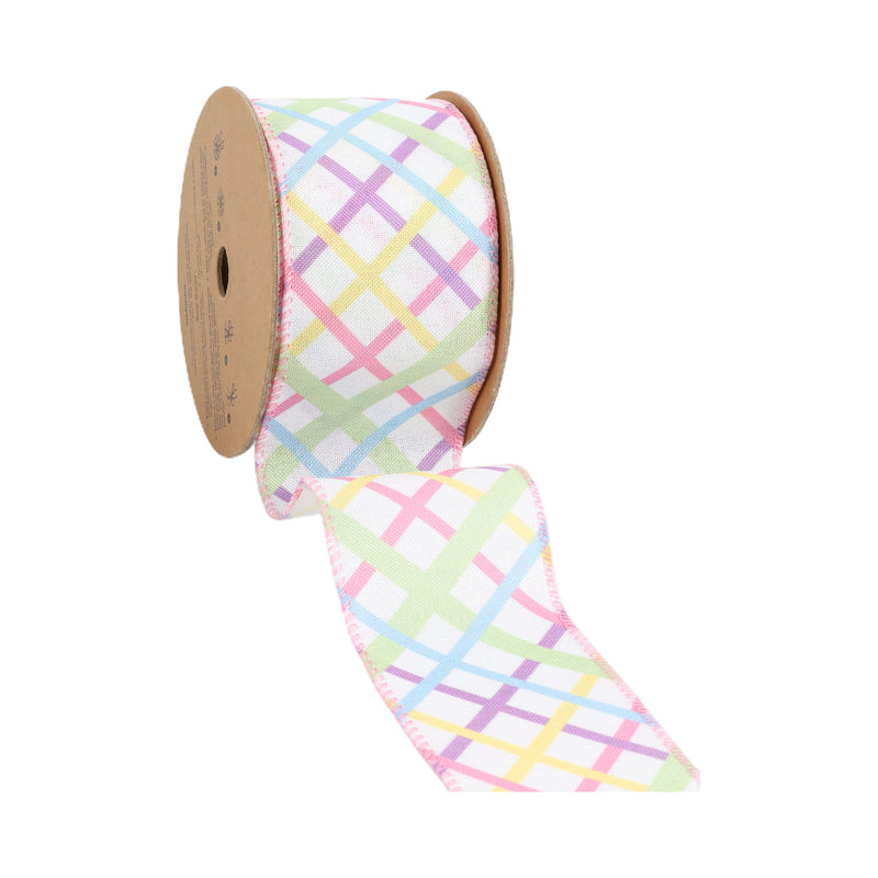 2 1/2 Wired Ribbon | White w/ Pastel Bias Plaid | 10 Yard Roll