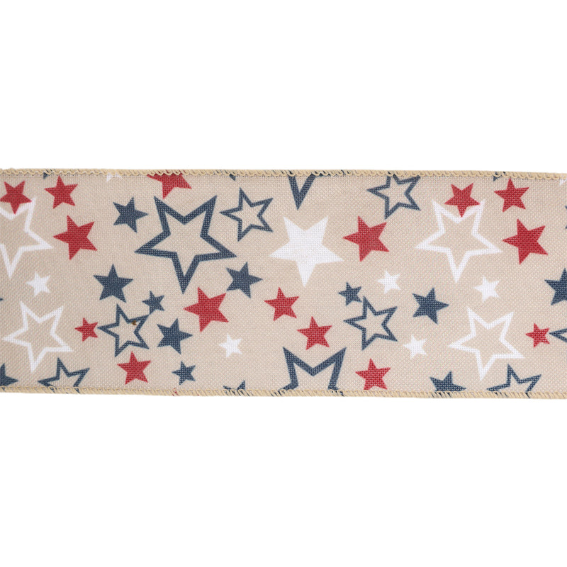 2 1/2 Wired Ribbon | Natural w/ Allover Red/White/Blue Stars | 10 Yard Roll