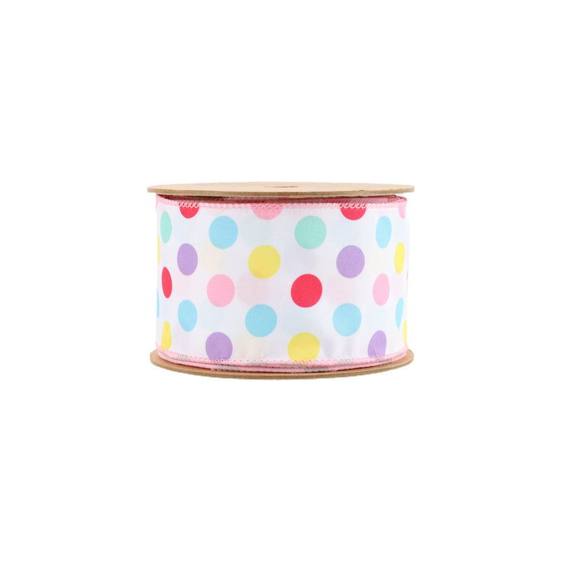 2 1/2" Wired Ribbon | White w/ Pastel Dots | 10 Yard Roll