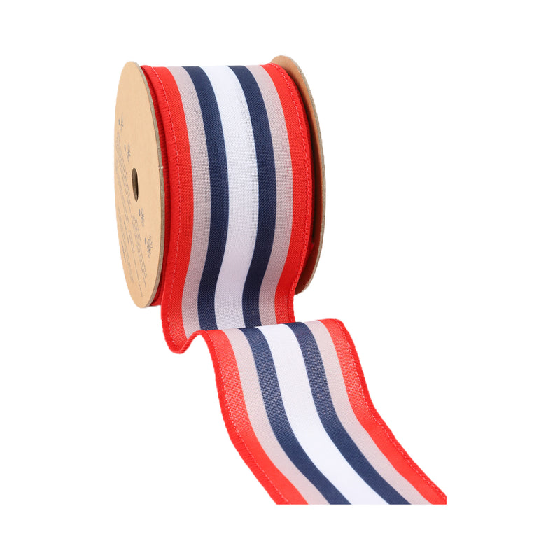 2 1/2 Wired Ribbon | Red/Natural/Blue/White Stripe | 10 Yard Roll