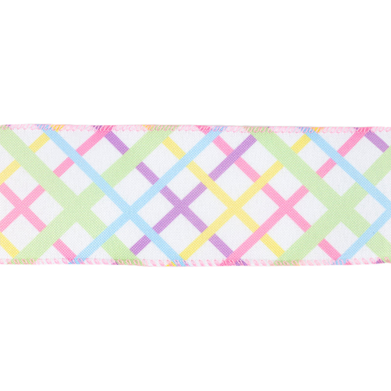 2 1/2 Wired Ribbon | White w/ Pastel Bias Plaid | 10 Yard Roll