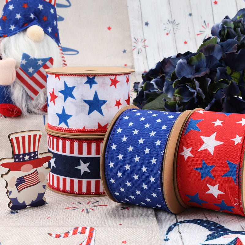 2 1/2 Wired Ribbon | White w/ Red/Blue Stars | 10 Yard Roll