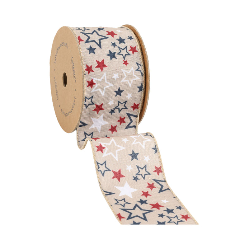 2 1/2 Wired Ribbon | Natural w/ Allover Red/White/Blue Stars | 10 Yard Roll