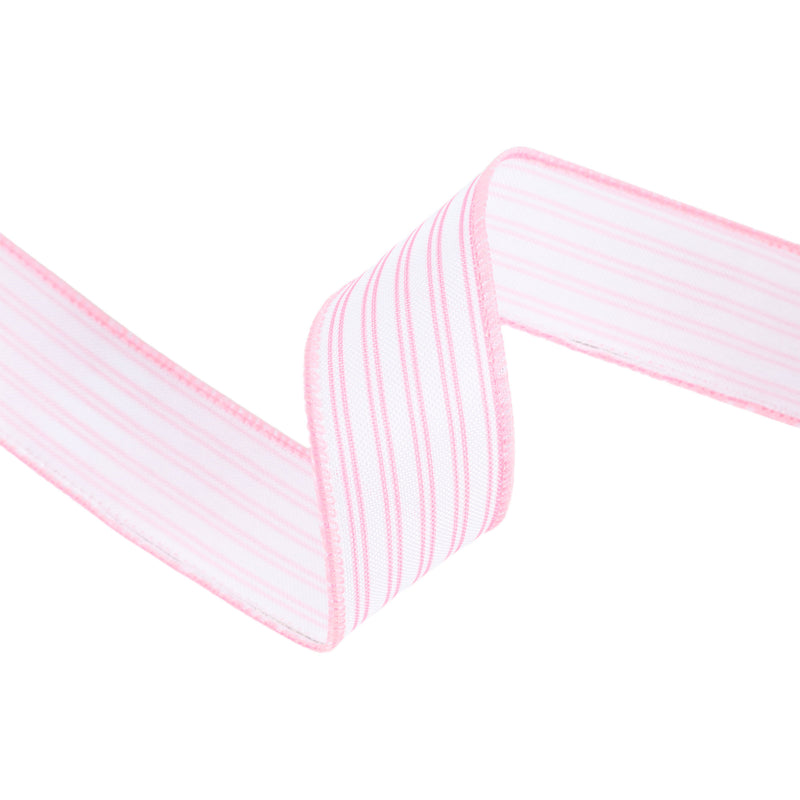 1 1/2" Wired Ribbon | White w/ Pink Ticking Stripes | 10 Yard Roll