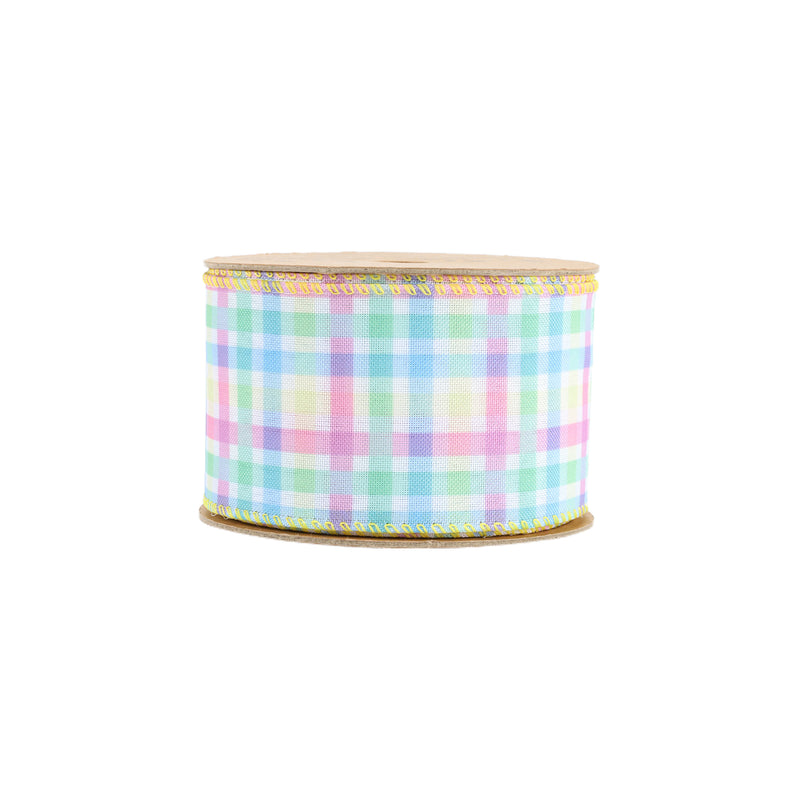 2 1/2" Wired Ribbon | White w/ Bright Plaid Green/Blue/Yellow/Pink | 10 Yard Roll