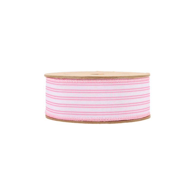 1 1/2" Wired Ribbon | White w/ Pink Ticking Stripes | 10 Yard Roll