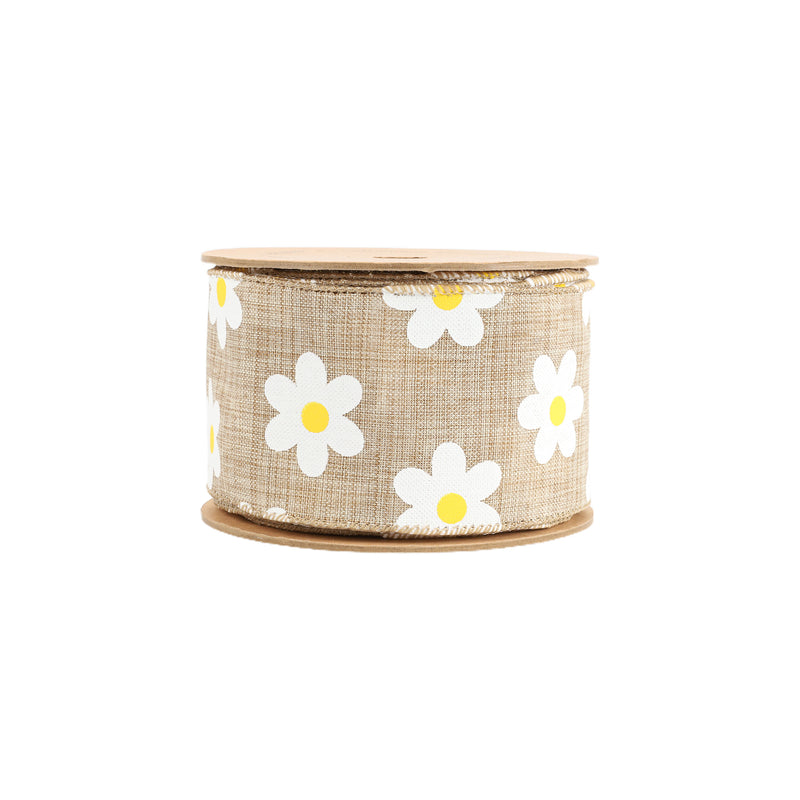 2 1/2" Wired Ribbon | Natural Linen w/ White Daisy | 10 Yard Roll