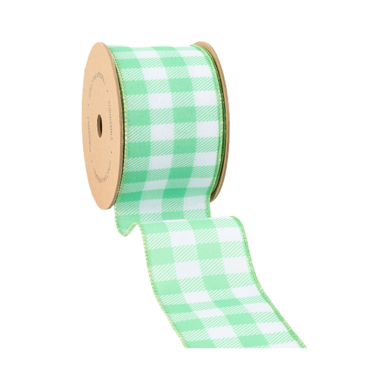 2 1/2" Wired Ribbon | White/Spring Green Gingham | 10 Yard Roll