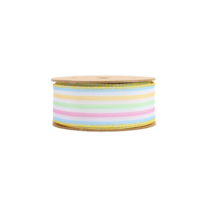 1 1/2 Wired Ribbon | White w/ Pastel Stripe | 10 Yard Roll