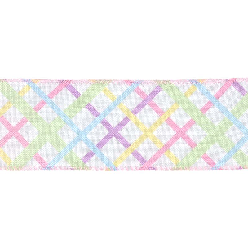 2 1/2 Wired Ribbon | White w/ Pastel Bias Plaid | 10 Yard Roll