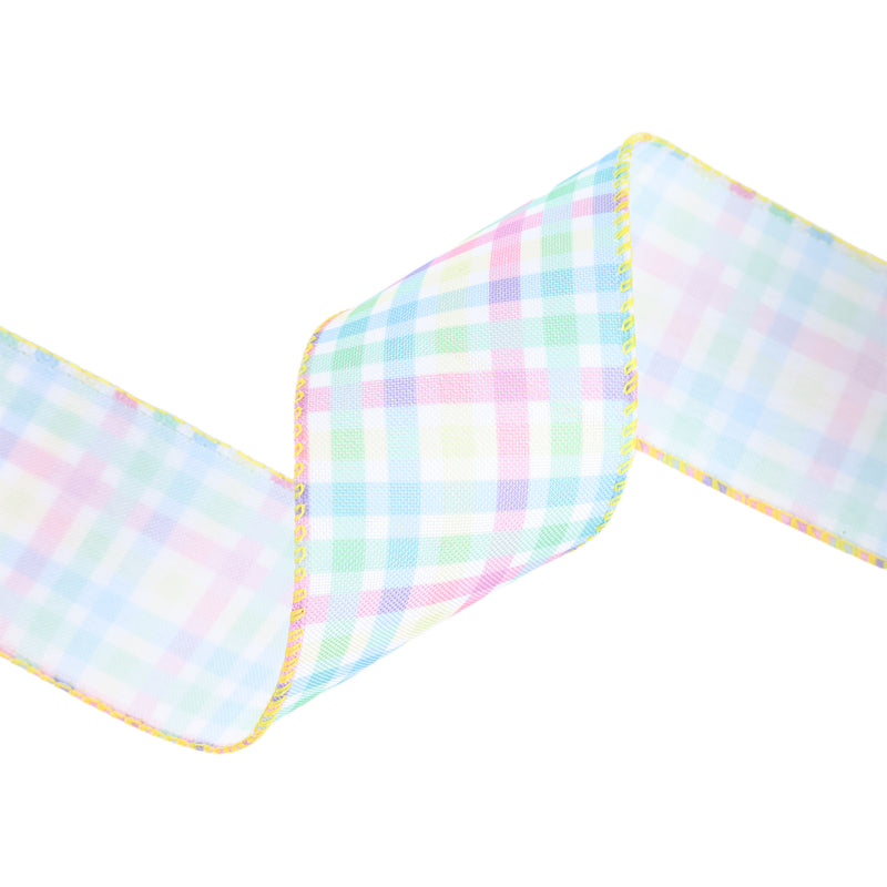 2 1/2" Wired Ribbon | White w/ Bright Plaid Green/Blue/Yellow/Pink | 10 Yard Roll