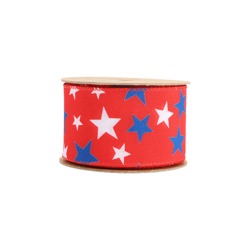 2 1/2 Wired Ribbon | Red w/ White/Blue Stars | 10 Yard Roll