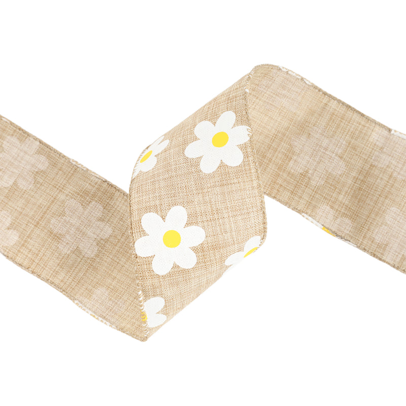 2 1/2" Wired Ribbon | Natural Linen w/ White Daisy | 10 Yard Roll