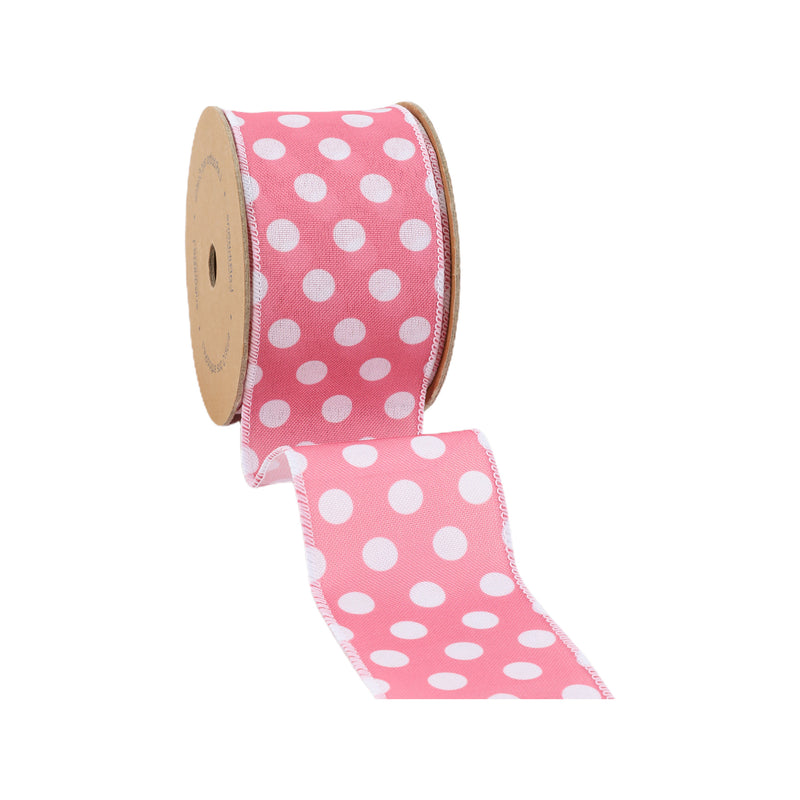 2 1/2 Wired Ribbon | Pink w/ White Polka Dot | 10 Yard Roll