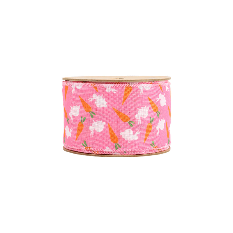 2 1/2" Wired Ribbon | Bright Pink w/ Bunny and Carrots | 10 Yard Roll