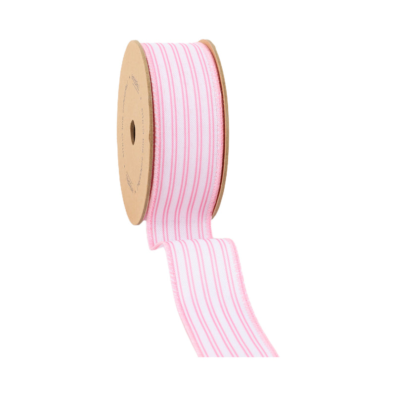 1 1/2" Wired Ribbon | White w/ Pink Ticking Stripes | 10 Yard Roll