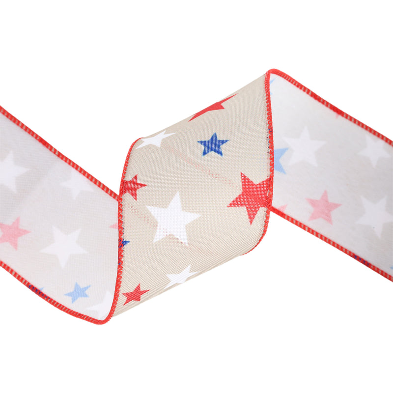 2 1/2 Wired Ribbon | Natural w/ Red/White/Blue Stars | 10 Yard Roll