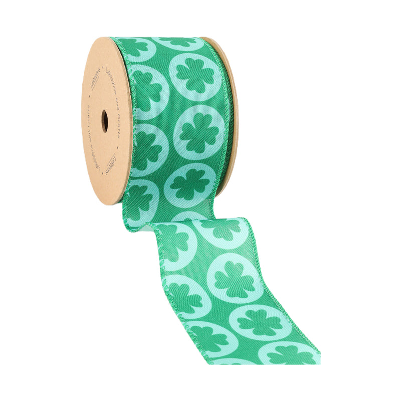 2 1/2 Wired Ribbon | Green Four Leaf Clover | 10 Yard Roll