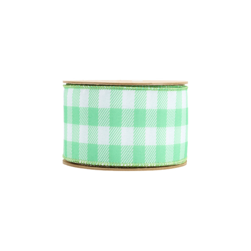 2 1/2" Wired Ribbon | White/Spring Green Gingham | 10 Yard Roll