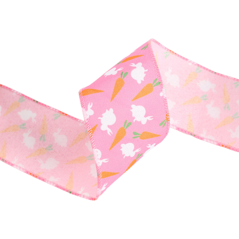 2 1/2" Wired Ribbon | Bright Pink w/ Bunny and Carrots | 10 Yard Roll