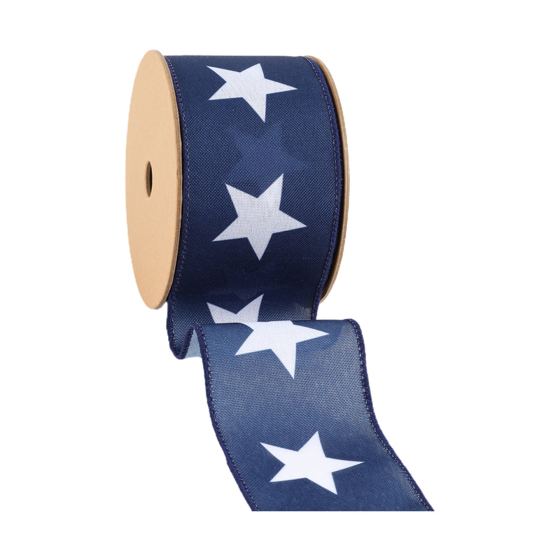 2 1/2 Wired Ribbon | Blue w/ Large White Stars | 10 Yard Roll