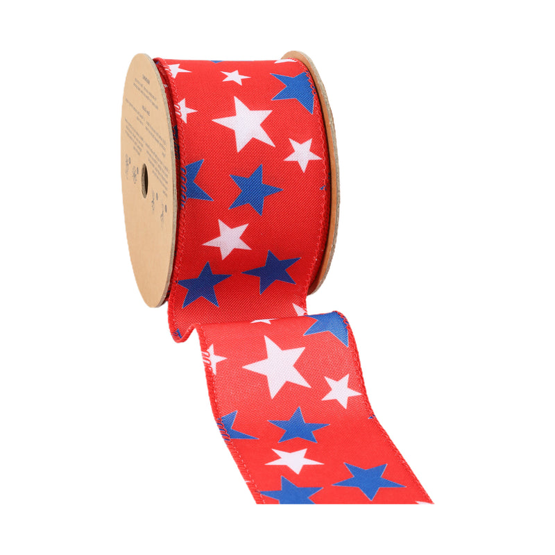 2 1/2 Wired Ribbon | Red w/ White/Blue Stars | 10 Yard Roll