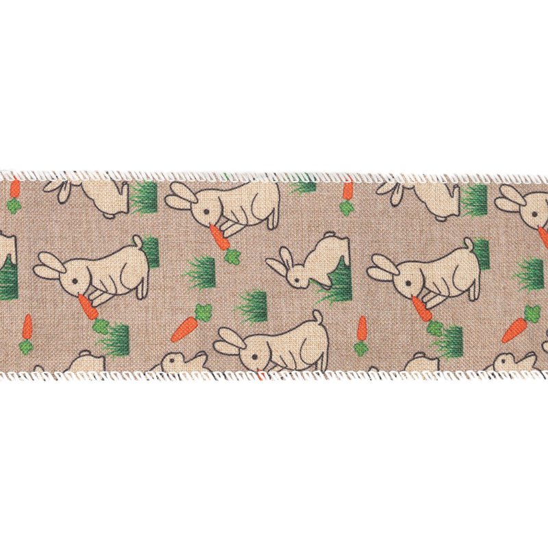 2 1/2" Wired Ribbon | Bunny w/ Carrot on Natural Linen | 10 Yard Roll