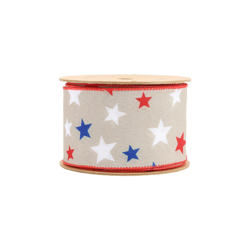 2 1/2 Wired Ribbon | Natural w/ Red/White/Blue Stars | 10 Yard Roll