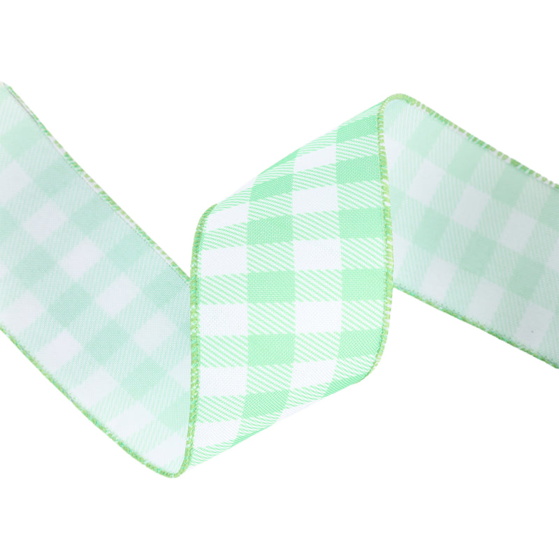 2 1/2" Wired Ribbon | White/Spring Green Gingham | 10 Yard Roll