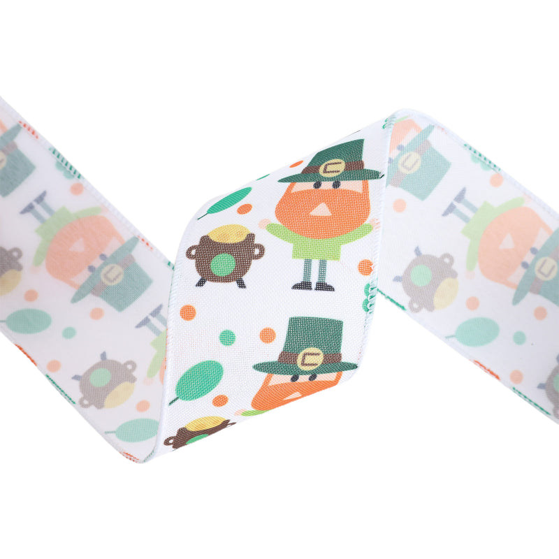 2 1/2 Wired Ribbon | White w/ Leprechaun & Pot O'Gold | 10 Yard Roll