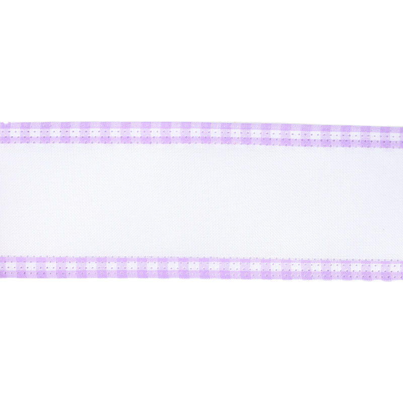 2 1/2" Wired Ribbon | White w/ Purple Gingham Edging | 10 Yard Roll