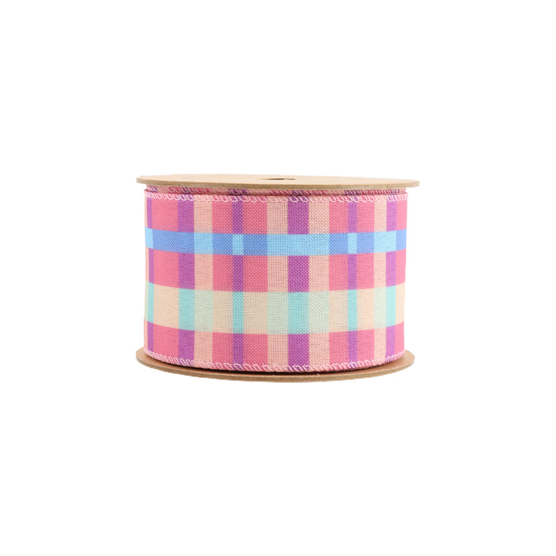 2 1/2 Wired Ribbon | Pink/Yellow/Blue/Green Bright Plaid | 10 Yard Roll