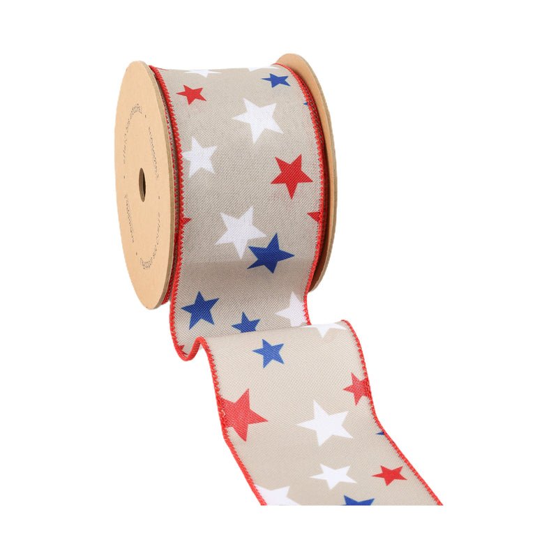 2 1/2 Wired Ribbon | Natural w/ Red/White/Blue Stars | 10 Yard Roll