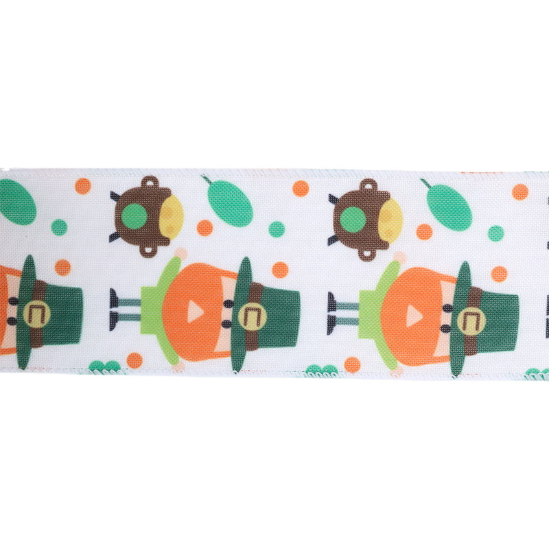 2 1/2 Wired Ribbon | White w/ Leprechaun & Pot O'Gold | 10 Yard Roll