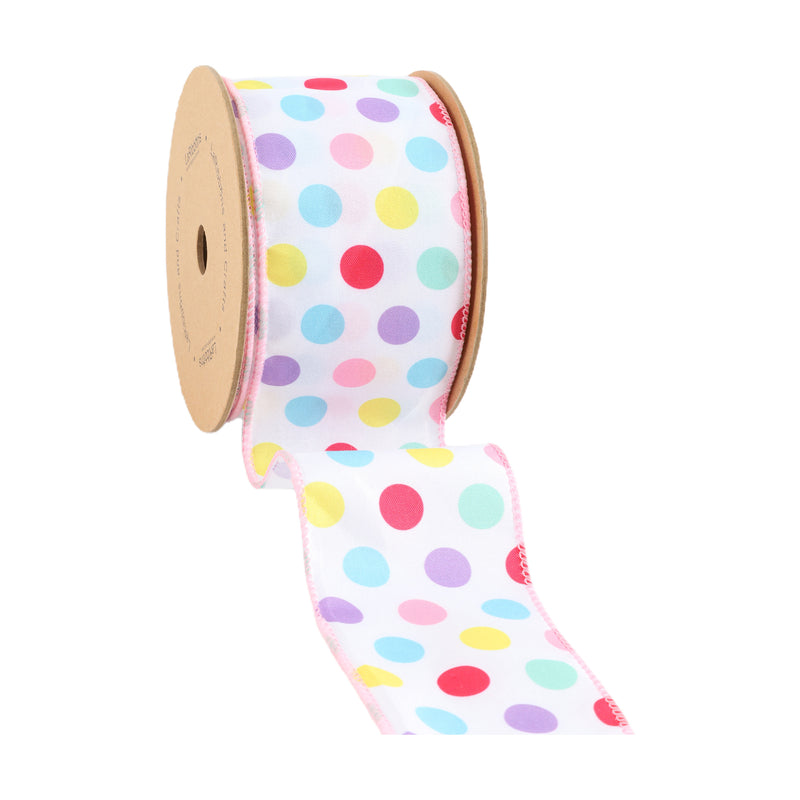 2 1/2" Wired Ribbon | White w/ Pastel Dots | 10 Yard Roll