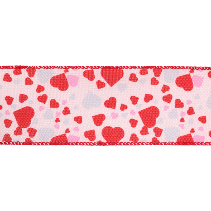 2 1/2 Wired Ribbon | Pink w/ Red/Pink/Lav Allover Hearts | 10 Yard Roll