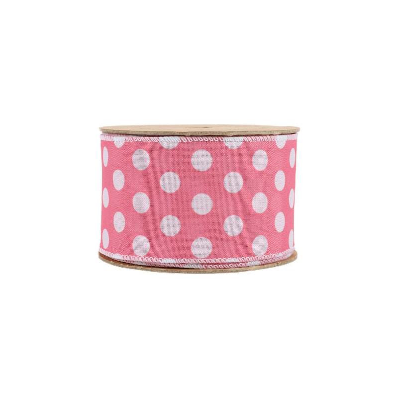 2 1/2 Wired Ribbon | Pink w/ White Polka Dot | 10 Yard Roll