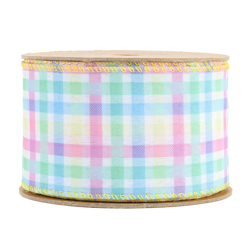 2 1/2" Wired Ribbon | White w/ Bright Plaid Green/Blue/Yellow/Pink | 10 Yard Roll